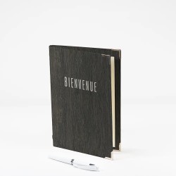 Room directory A5 vertical reliure élastique Texture bois foncé Bienvenue
